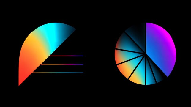 Abstract neon gradient geometric shapes, glowing colorful pie charts and sliced circles on dark background, modern data infographic.