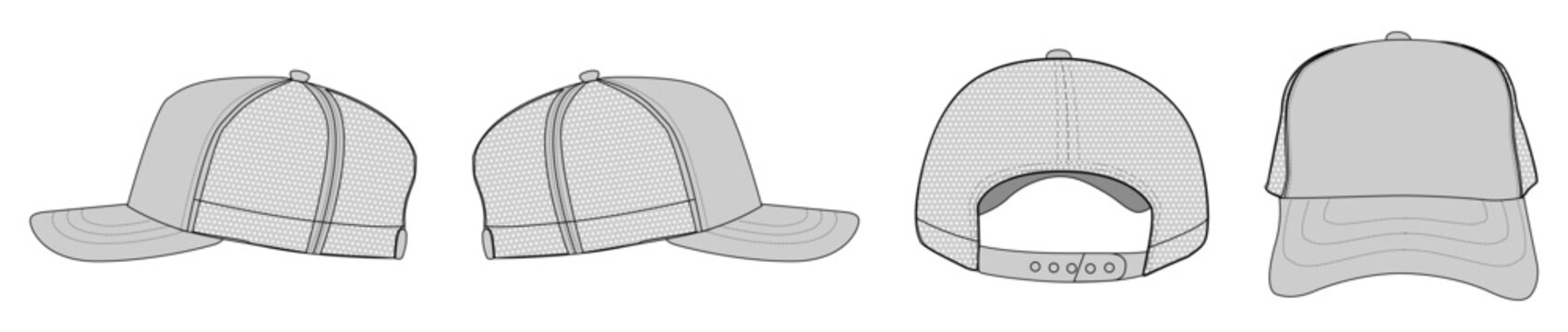 Blank Trucker Cap Template Mockup Set &ndash; Front, Back and Side Views, Mesh Snapback Hat Technical Drawing Vector