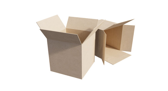 Two Open Brown Cardboard Boxes Mockup Isolated On Transparent Background-3D render