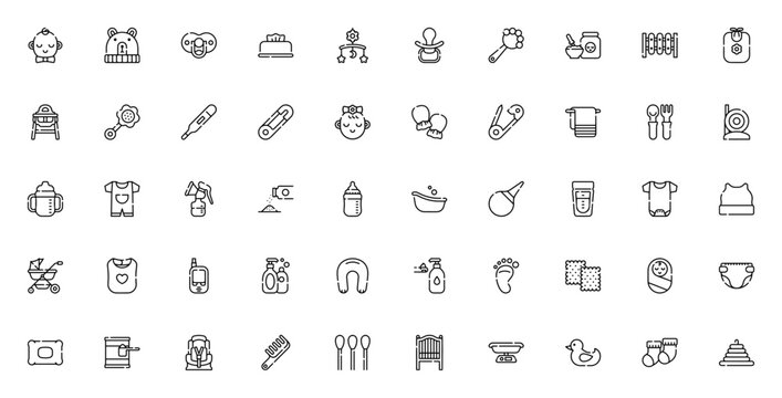 Baby icon set. Minimal line icons pack. Featuring baby boy, baby hat, pacifier, wipes, crib toy, rattle, baby girl, mitten, strollers, diaper, and more. Editable vector stroke.