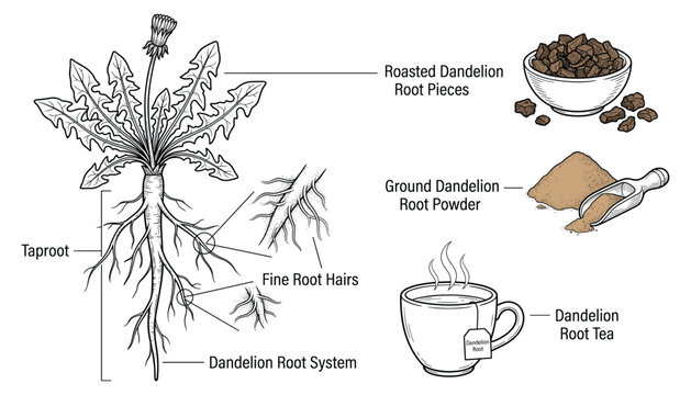 Dandelion root system illustration vector showcasing taproot fine root hairs roasted pieces powder and tea.