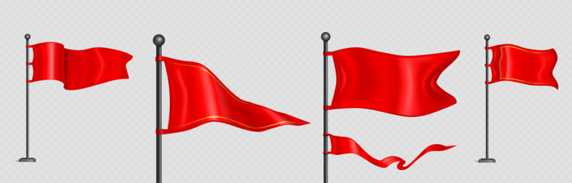 Realistic 3D red flag mockup on metal pole, vector illustration isolated on background. Plain waving banner template with fabric texture, gold frame, triangle pennant design for advertising events