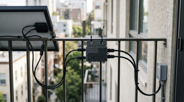 Close-up of a solar panel micro-inverter and cables mounted on an urban apartment balcony railing.