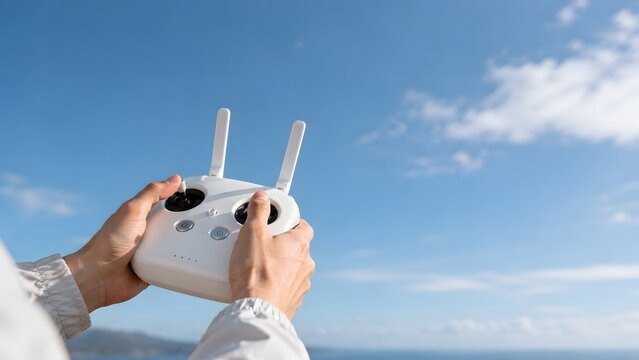 Person's hands holding a drone remote controller against a bright blue sky and sea