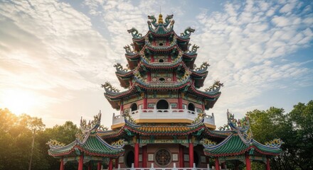 Obraz premium Vibrant chinese pagoda architecture with dragon decorations