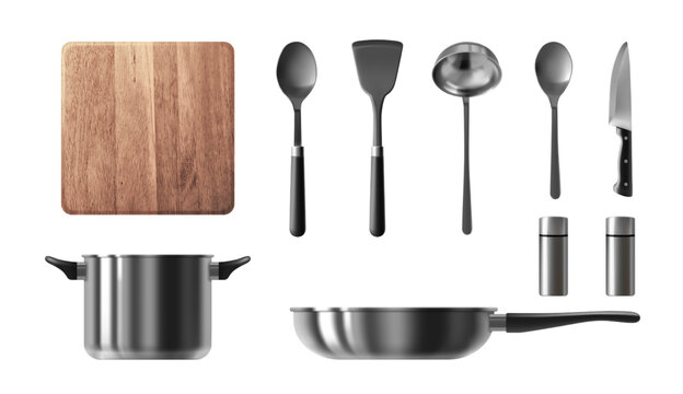Realistic 3D kitchen utensils set isolated on white background. Vector illustration of wooden board, steel frying pan and saucepan, spoon, knife and spatula for cooking meal, restaurant chef tools