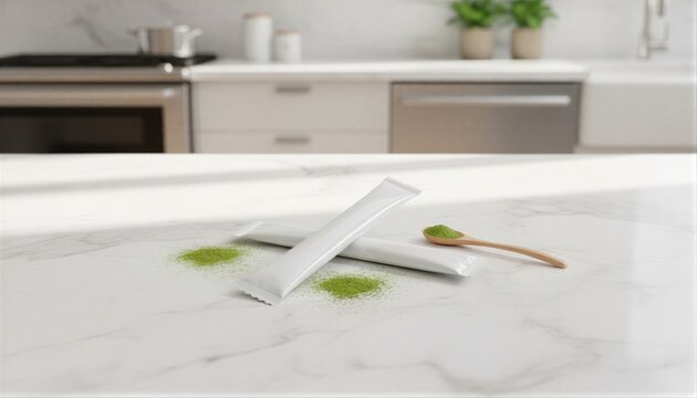 Premium wellness supplement stick packs on a bright marble surface with matcha accents