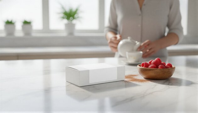 Premium white box with label on marble with raspberries
