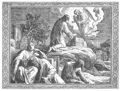 Jesus Christ praying in the Garden of Gethsemane, angel comforting kneeling figure, sleeping apostles, rocky landscape, ornate border, old vintage illustration, 1899.
