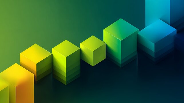 3d geometric cube chart showing upward trend. Abstract green and blue blocks business growth and financial success progress concept.