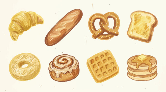 A collection of delicious baked goods including a croissant, baguette, pretzel, toast, donut, cinnamon roll, waffle, and pancakes.