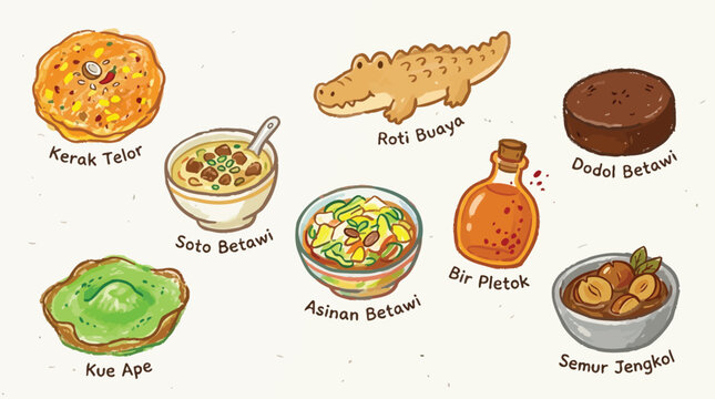 A charming illustration of various traditional Indonesian Betawi foods and drinks, presented in a playful cartoon style.