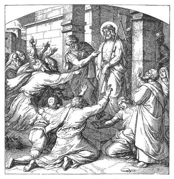 People Demand the Crucifixion of Christ, animated crowd gesturing before haloed figure, Pilate washing hands, engraving, old vintage illustration, 1899.