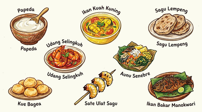 A collection of traditional Indonesian dishes, beautifully illustrated with labels in Indonesian.