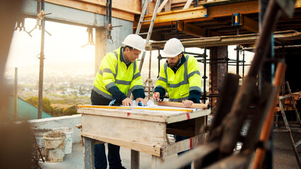 Fototapeta premium Architect, team and strategy with blueprint on site for design vision, building layout or renovation. Construction, men or meeting with floor plan outdoor for structural review, upgrade or compliance