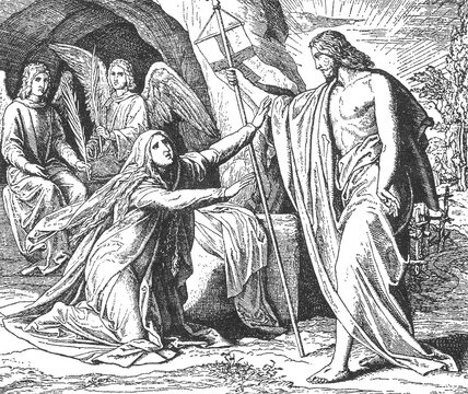 Mary Magdalene Embracing the Feet of the Risen Christ, Noli me tangere, Angels Holding Palm Branches, Vintage Biblical Illustration, Old Vintage Illustration, 1899.