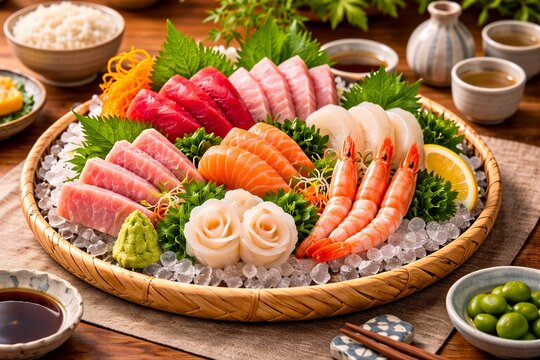 新鮮な魚介類(マグロ・サケ。トロ・海老・ホタテ・ワサビ)がザルにのった刺身。微細氷が敷き詰められ新鮮さを保っているクレイアニメ風