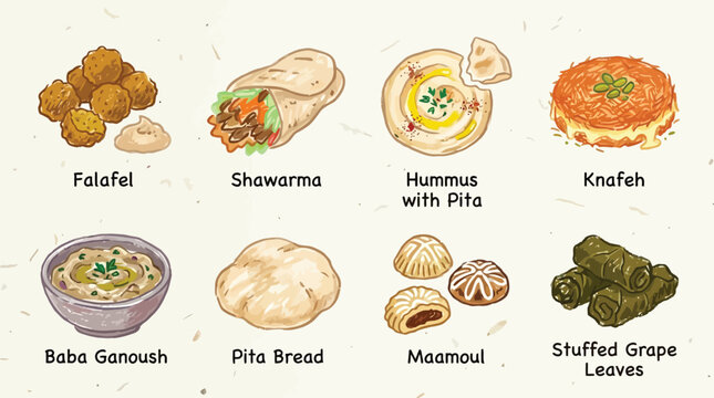 A delicious assortment of popular Middle Eastern dishes, including falafel, shawarma, hummus, knafeh, baba ganoush, pita bread, maamoul, and stuffed grape leaves.