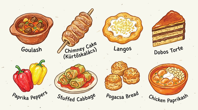 A vibrant collection of traditional Hungarian dishes and ingredients, illustrated in a charming, hand-drawn style.