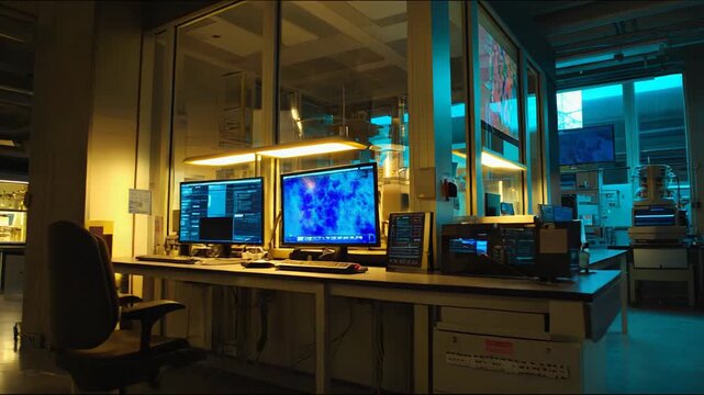 Modern research laboratory interior with multiple computer screens displaying data and complex scientific information, integrating advanced technology for innovation and scientific exploration