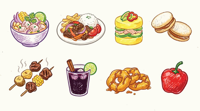 Collection of delicious Peruvian dishes and drinks, illustrated in a sketch style.