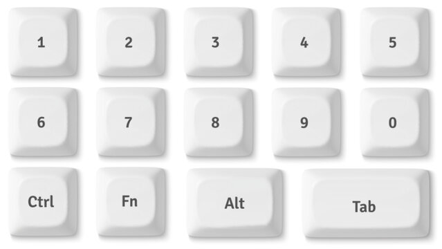Modern 3D keyboard buttons isolated on background. Vector realistic illustration of white keycaps top view, personal computer control set, pc hardware, desktop design elements