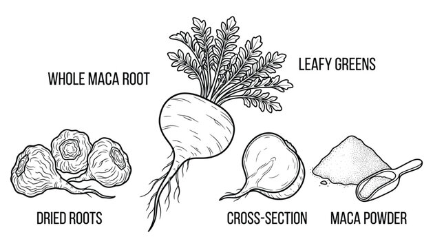 Maca root illustration vector showing whole plant dried roots and powder.