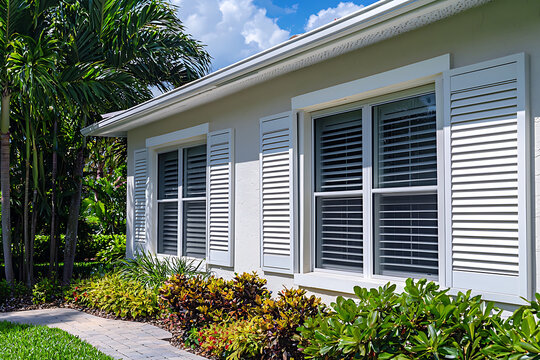 Exterior view of tropical home with hurricane shutters and lush landscape design.