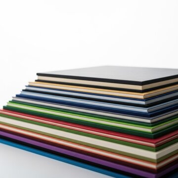 Close-up side view of a staggered stack of multicolored notebooks and hardback books showing edge layers of paper and covers in a rainbow spectrum on a white background.