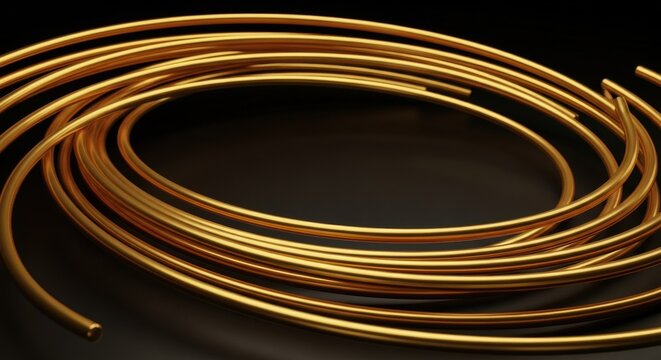 Abstract 3D rendering of multiple golden metallic wires forming smooth concentric circular arcs and spirals on a dark matte background with reflective highlights.