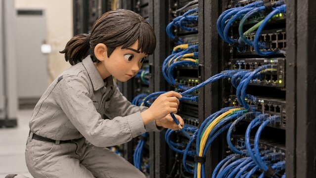 クレイアニメ風のサーバー室でネットワークケーブルを接続する女性ITエンジニア