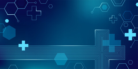 Fototapeta premium Medical vector background with hexagon pattern and abstract technology elements. Modern healthcare banner with geometric network design for scientific research and digital medicine presentations