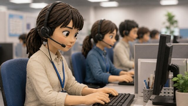 クレイアニメ風のコールセンターでヘッドセットをつけてPC作業する女性オペレーター