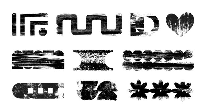 Bold paint strokes and brush textures, vector realistic grunge patterns isolated on white background. Black ink stripe smears, stencil pattern roller line marks, and splashes for modern urban design