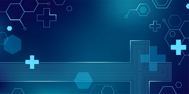 Medical vector background with hexagon pattern and abstract technology elements. Modern healthcare banner with geometric network design for scientific research and digital medicine presentations