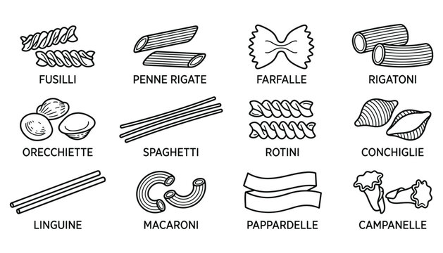 Various pasta types illustration set, italian cuisine collection, food vector elements.