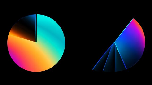 Abstract 3D colorful pie chart shapes with bright vivid gradients on black background for modern data visualization concepts.