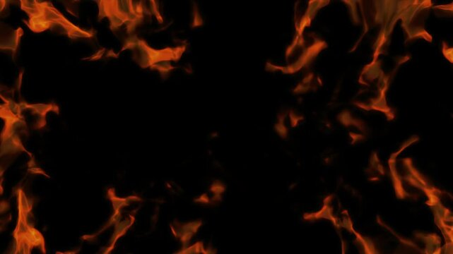 Animated fire frame surrounding a dark central space with flowing flames and realistic burning detail for title reveals, cinematic overlays and motion graphics compositions.