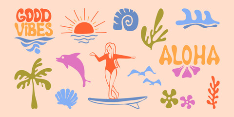 Retro sea icons, surf board, beach waves and palm tree, vector doodle set isolated on background. Vintage summer illustrations for coastal vacation design, tropical island graphic, dolphin and shells © klyaksun