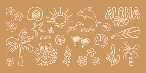 Boho style summer beach icons on beige background. Vector illustration of doodle palm tree, sun, dolphin, seashell, sunglasses and surf board designs, groovy pattern for tropical vacation poster © klyaksun