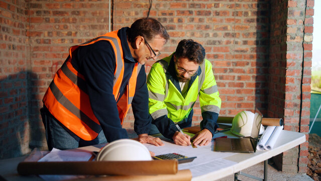 Construction site, writing and men with blueprint for planning, layout and building measurements. Civil engineer, architecture and people with paper for renovation design, teamwork and dimensions