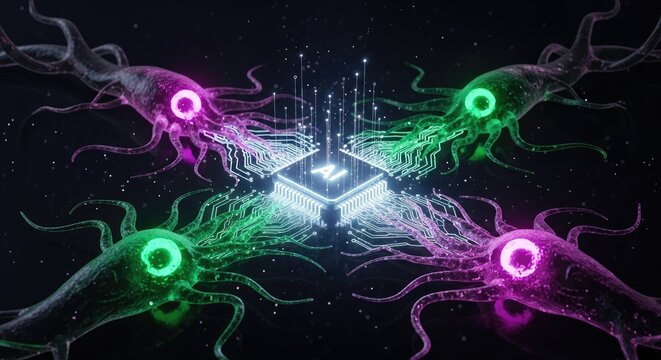Vibrant neon-colored neural network with glowing tentacles surrounding a central microchip on a dark background with stars
