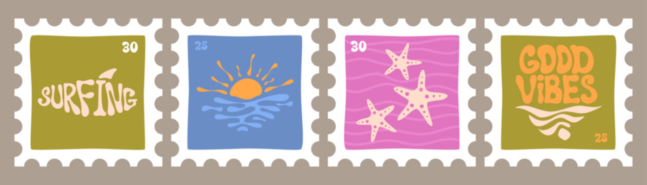 Vintage summer hand drawn stamps with surfboard, tropical patterns, sunset, starfish, and sea waves, vector illustrations. Retro postage collection for travel postcards and island vacation stickers
