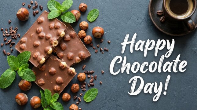 Happy chocolate day greeting with hazelnut chocolate bars