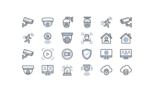 Security surveillance icons collection, CCTV cameras monitoring protection system vector technology set