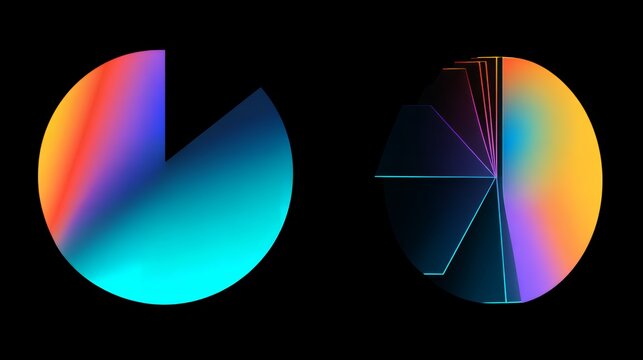 Creative 3D geometric circular shapes resembling abstract colorful pie charts with vibrant gradients on solid black background.