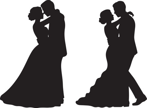 Silhouette of a romantic wedding couple embracing, bride in a long dress and groom in a suit, elegant wedding dance, vector illustration