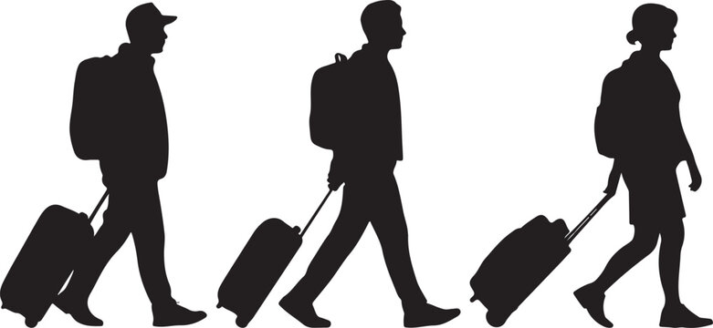 Silhouettes of three travelers walking with backpacks and rolling suitcases