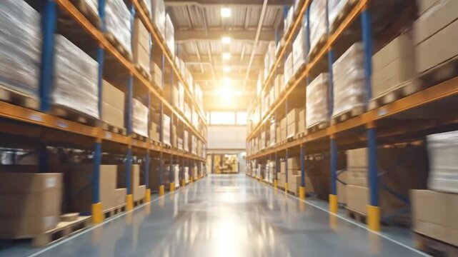Warehouse interior with many shelves full of packaged goods and boxes in storage