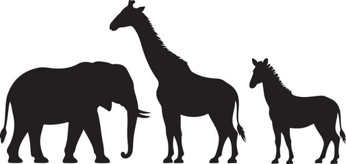 Fototapeta premium Silhouettes of an elephant, a giraffe, and a zebra standing together, vector illustration of wild african animals